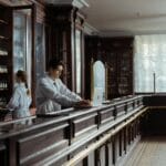 Farmaceuci przy ladzie w zabytkowej aptece z retro wyposażeniem
