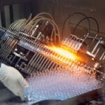 Zbliżenie na napełnianie i zgrzewanie ampułek na linii produkcyjnej